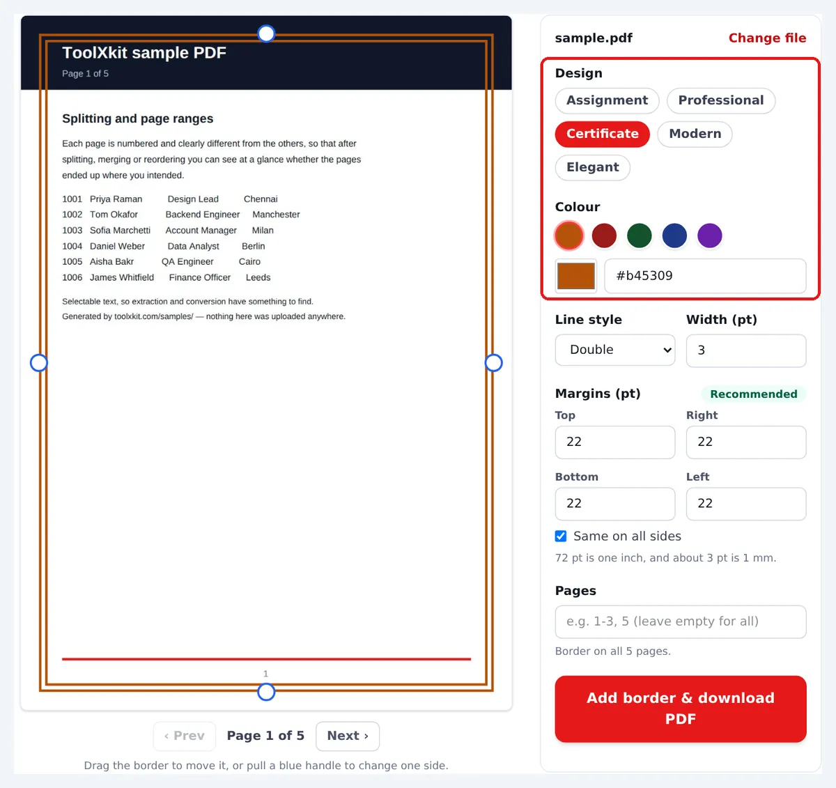 Design buttons and colour choices in the border settings