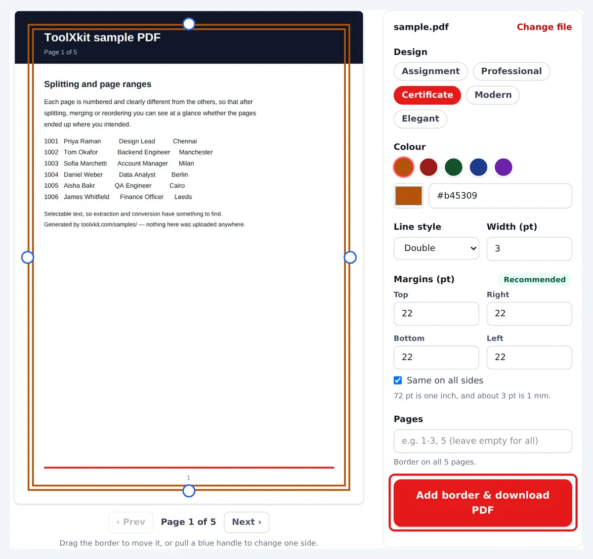 The Add border and download PDF button, marked in red