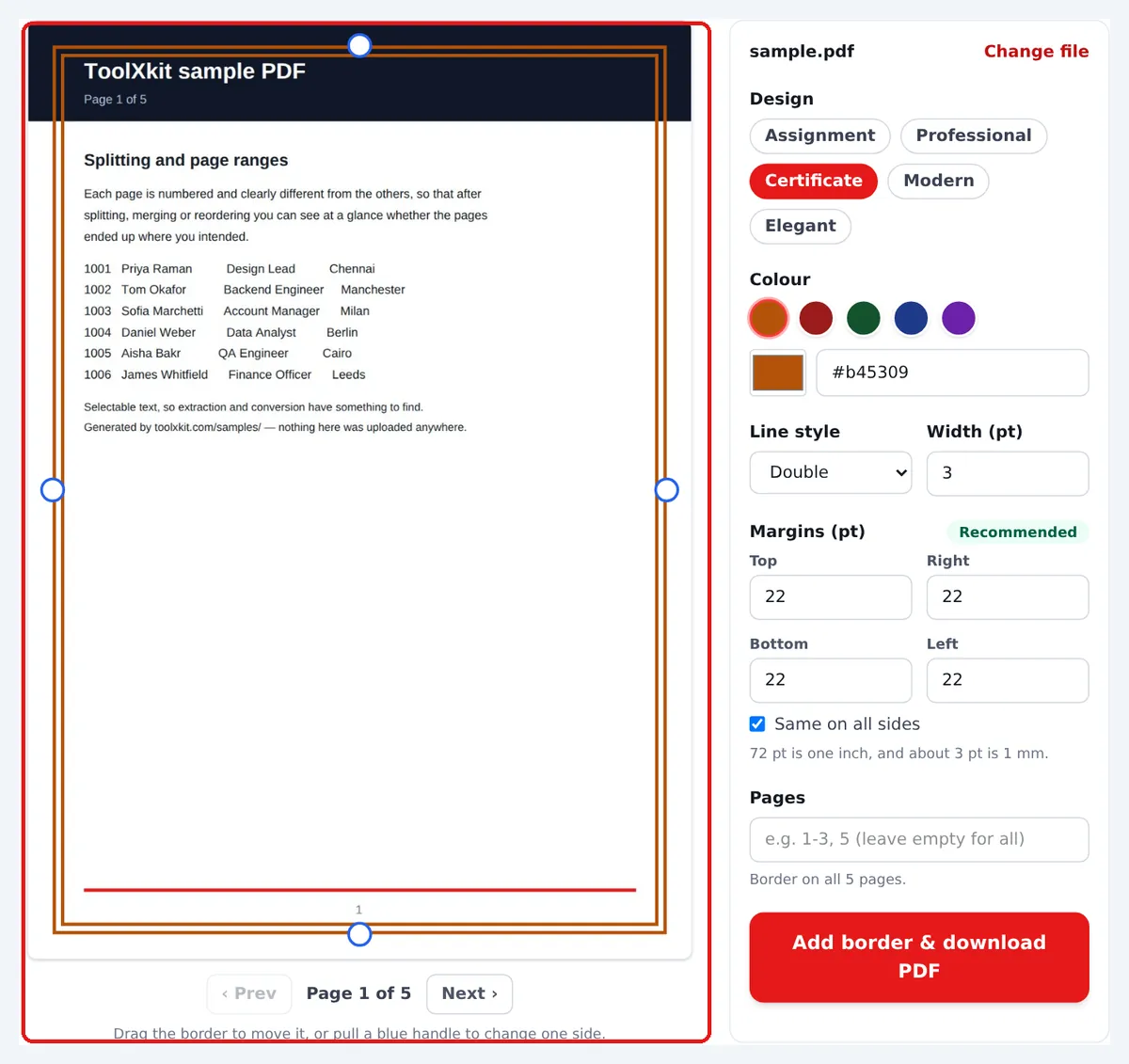 Live preview of a PDF page with a certificate border and drag handles